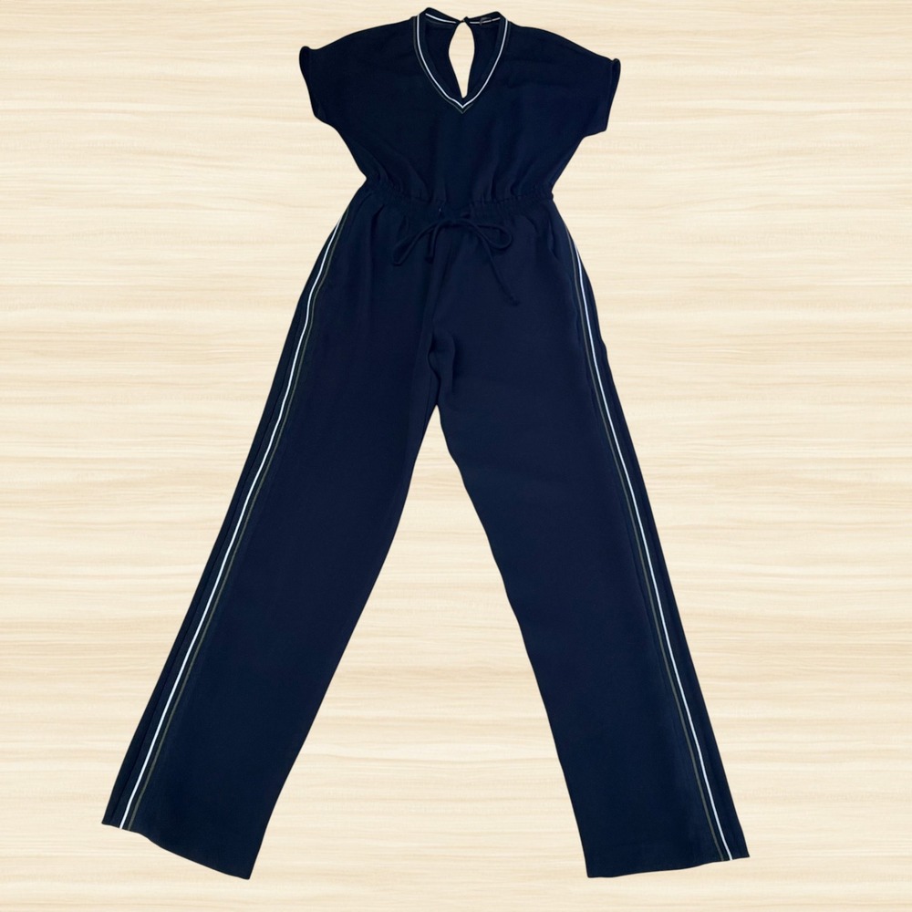 Zara Basic Black Jumpsuit Side Stripe V Neck Drawstring Waist Short Sleeve XS